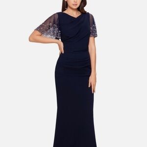 Betsy & Adam Women's Navy Beaded Flutter Sleeve Dress Gown Petite Sz 12 NWT